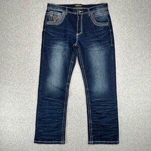 True Luck Bootcut Jeans Mens 34x30 Dark Wash Straight Leg Embroidered Pockets